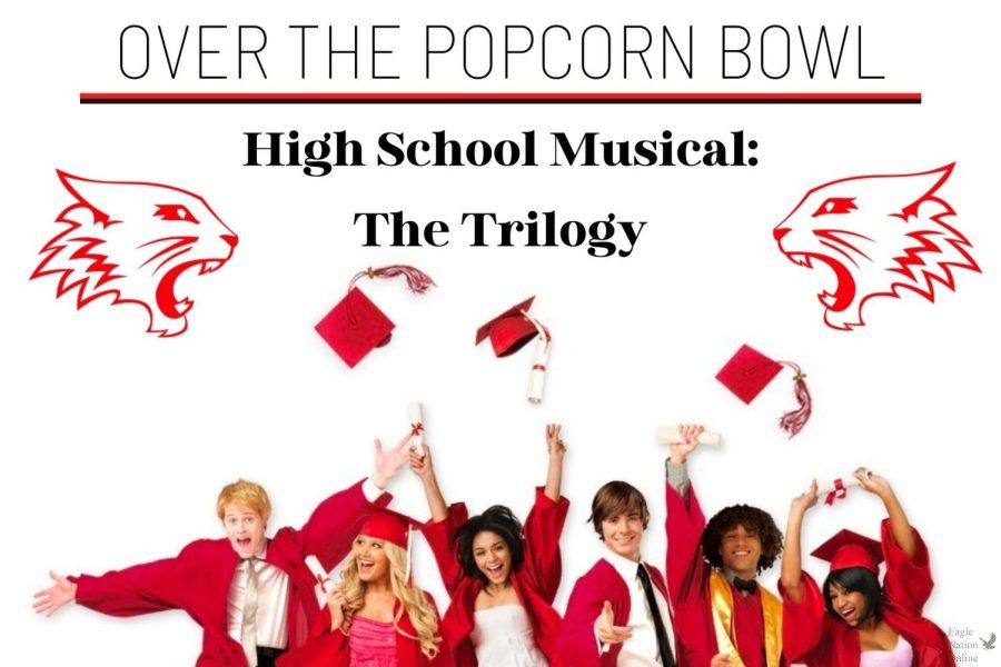 In a Disney-altered graphic made with Canva, the cast of High School Musical toss their caps in the air. In the 13th episode of Over The Popcorn Bowl, seniors Gabby Winans, Amanda Hare, Christi Norris and Alyssa Clark talked about their opinions on the movie. The High School Musical trilogy started in 2006.