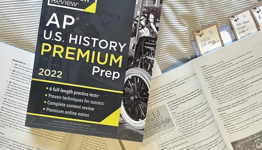 Set together, junior reporter Kalyani Raos three study books for the U.S. History, AP Art History and AP Spanish Language and Culture exams are pictured. Study books, although not free, are not very costly. Amazon offers many at decent prices.