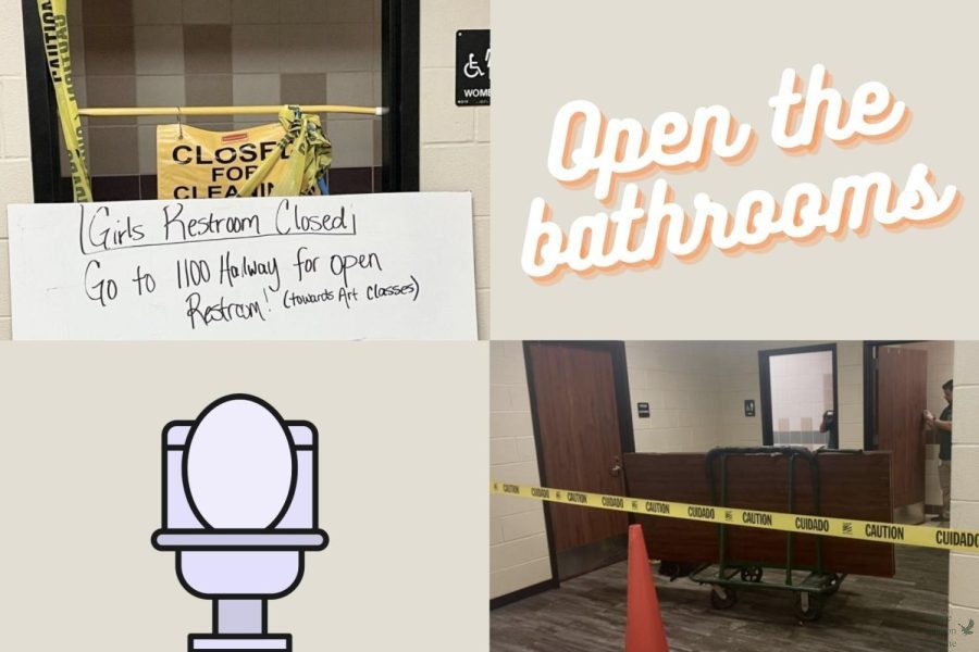 A digitally constructed image by senior journalist Morgan Reese displays two photos of restroom closures and door installation taken by senior Alyssa Clark and junior Kalyani Rao. The school installed doors on the bathrooms in November. The administration currently has no plans to reopen the closed restrooms.