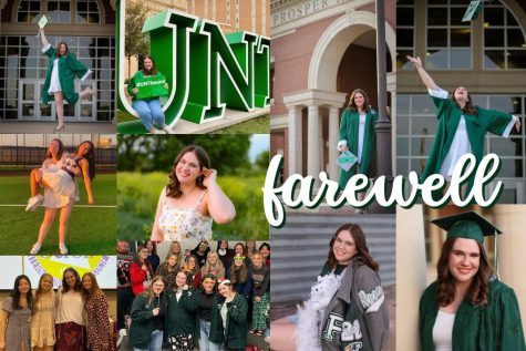 A digitally constructed image by senior reporter Morgan Reese displays photos from her senior year. Reese participated in journalism and Ready, Set, Teach during her senior year. She formerly participated in Color Guard, lettering her freshman year for UIL marching band state advancement. 