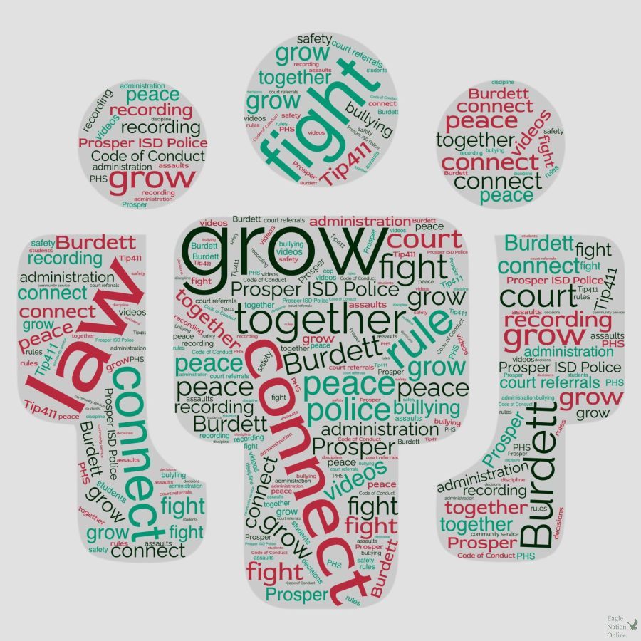 Using Wordcloud.com, words surrounding the recent fights at school appear. There have been four fights at school this year. Weve done what weve needed to do, Principal John Burdett said. Im proud that weve done that. Were all in this together, we all want PHS to be the absolute best school possible, and you cant have that with a bunch of disciplinary stuff going on, because now were detracted from our core focus of connecting and growing with each other. You cant build positive relationships with breaking the rules.