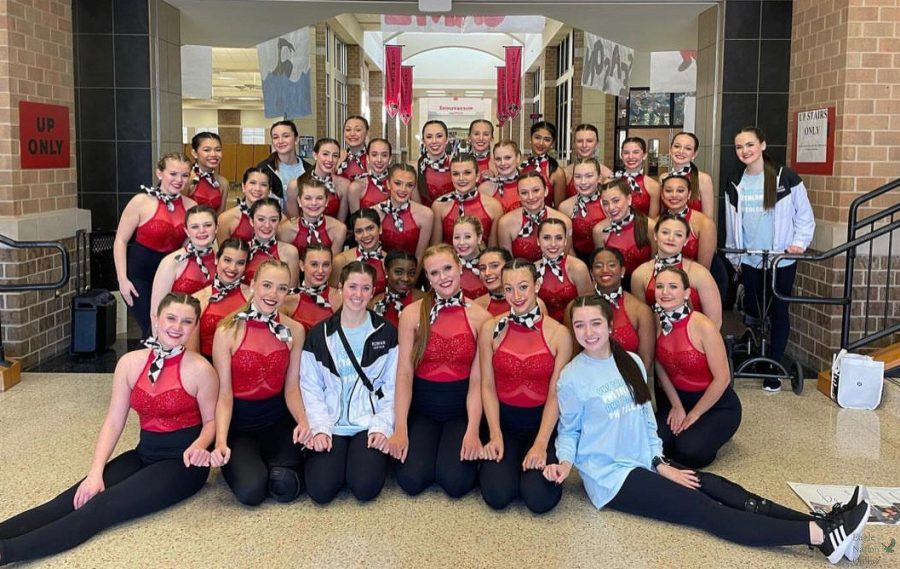 At their first competition of the season, the Talonettes take a group photo. The team competed at the annual MA Competition, which was held at Liberty High School in Frisco. In their category, the Talonettes placed first in their Officer, Elite, and team dances. 