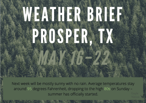 A digitally constructed image introduces this weeks weather brief. Next week will be mostly sunny with no rain. Average temperatures stay around 95 degrees Fahrenheit, dropping to high 80s on Sunday after potential rain showers. 