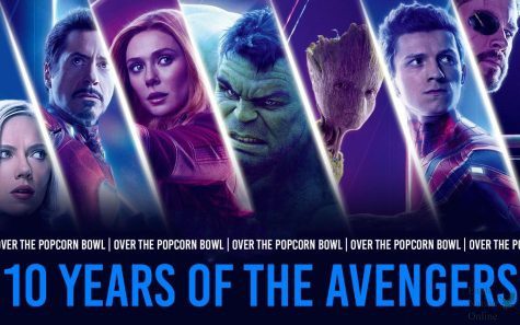 A graphic features characters from the Marvel Cinematic Universe. The Over the Popcorn Bowl podcast discussed the Avengers movies in honor of the 10-year anniversary of the first Avengers movie. The Avengers released on May 4, 2012. (Photo Courtesy of Disney Studios)
