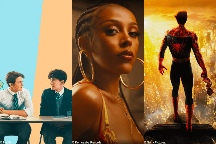 In a digitally constructed image by sophomore Tyler Medeiros, the posters from the Netflix show Heartstopper, the movie Spider-Man and an image of Doja Cat from her song Vegas stand side by side. In the article, senior Rusty Joe Gonzales reviews some of the entertainment media that they consumed over summer.