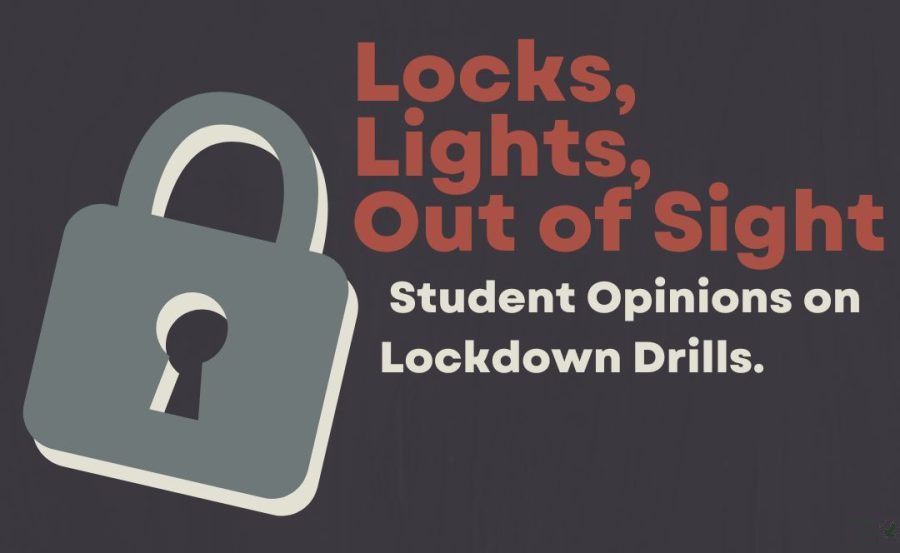 The graphic above reads Locks, Lights, Out of Sight, which is what is played on the loudspeaker to inform people of a lock down drill. The article presents students opinions on the drill, and if changes should be made. Freshman Kiera Payne, who reported she thought lockdown drills did not need to change, said nothing can prepare you for the panic and terror of a real lockdown. Graphic courtesy of Canva.