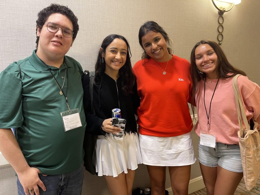 After the closing ceremony for the Gloria Shields Workshop in Dallas, seniors Rusty Gonzales, Mithra Cama, Neena Sidhu and sophomore Sofia Ayala join for a photo. I had an amazing time learning different things to help the ENO staff at this workshop, Gonzales said. I was also really surprised when I was awarded a scholarship during the final ceremony.