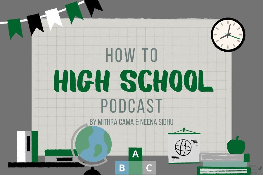 In a graphic made on Canva, the title of the advice podcast by seniors Neena Sidhu and Mithra Cama is displayed. This episode is the second of a series about various high school topics. This episode discusses school spirit and being involved in school activities, clubs and organizations. 