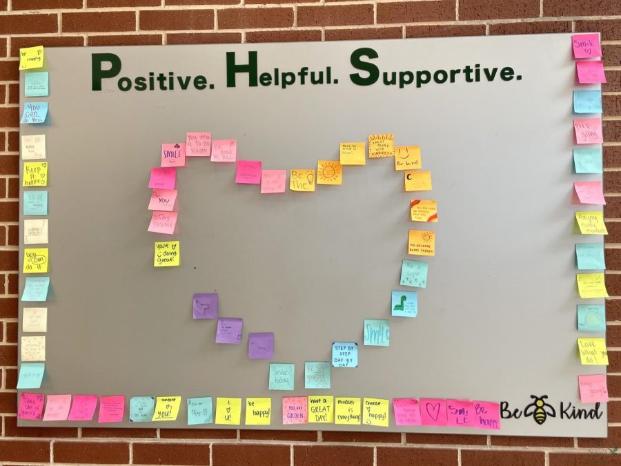 A+board+posted+in+the+hallway+of+PHS+is+covered+in+colorful+sticky+notes+in+the+shape+of+a+heart.+Positive+messages+are+written+on+each+sticky+note.+The+week+of+Sep.+5+%E2%80%94+9+was+suicide+prevention+week%2C+and+spirit+days+such+as+pajama+day+were+designed+to+create+awareness+of+the+event.