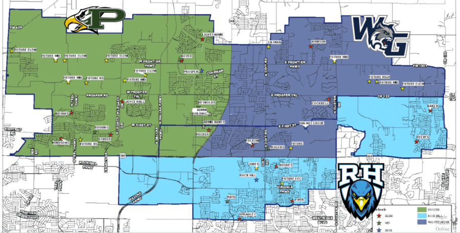 Pictured above are the zoning guidlines of Rockhill HS, Prosper HS and the newly announced zoning guidelines for Walnut Grove. Walnut Groves zoning area is positioned in between and slightly above the other two currently existing high schools. Current juniors will have the choice to attend their current school or Walnut Grove after attendance boundaries are determined. Current sophomores, freshmen and 8th graders will be rezoned to Walnut Grove after attendance boundaries are approved by the Board of Trustees.
