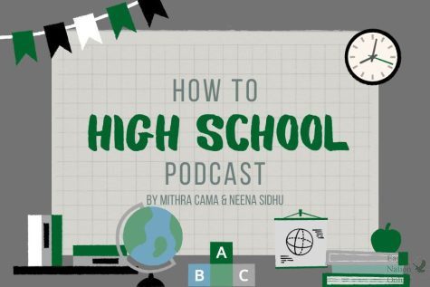 In a graphic made on Canva, the title of the advice podcast by seniors Neena Sidhu and Mithra Cama is displayed. This episode is the fourth of a series about various high school topics. This episode discusses teachers and classes they enjoyed.
