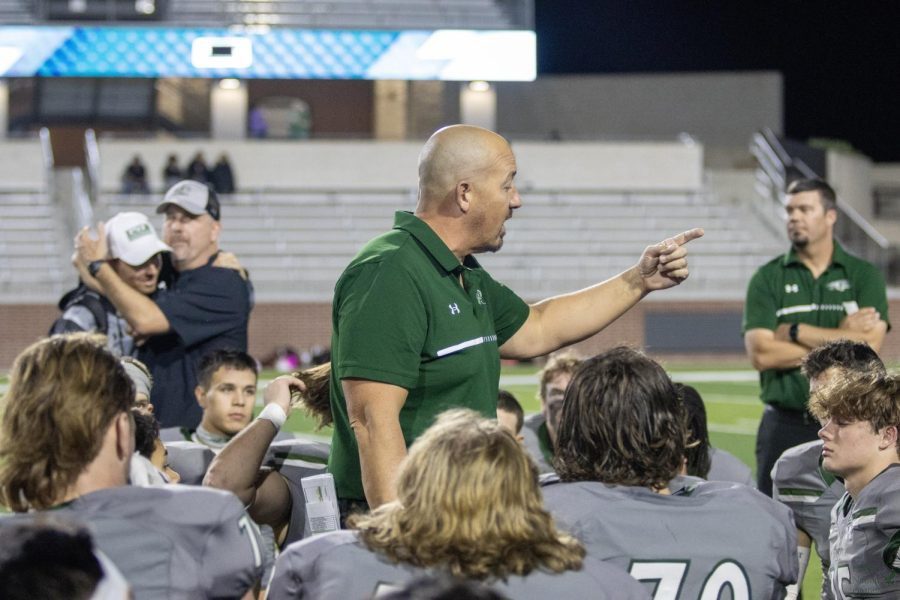 After the game against Denton Braswell, head coach Brandon Schmidt talks to the team. This season is his 22nd year in high school football coaching, and his 7th at Prosper. The offensive coordinator is Tyler Moore, who works alongside defensive coordinator William Robertson.