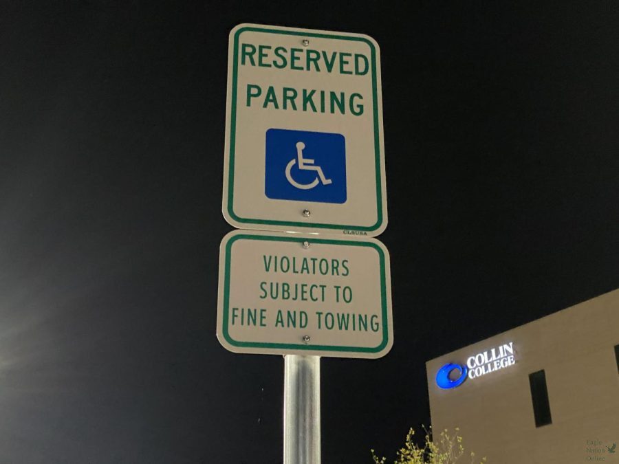 At night, a handicap reserved parking sign stands in front of a glowing Collin College sign at the colleges Celina campus. Collin has a good-sized inventory of assistive technology that students can loan on a semester-by-semester basis, senior Rusty Gonzales said. At Collin College, you may have to purchase the software for yourself or talk to the disability services office to see what free software they may have available for your needs.