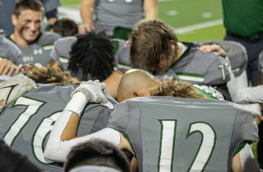 In conclusion of the game, Prospers Varsity Football Team huddles in prayer. Led by head coach Brandon Schmidt, the team has a record of 7-1 this season. The team will compete against the Allen Eagles, Friday, Oct. 28, at 7:00 p.m. 