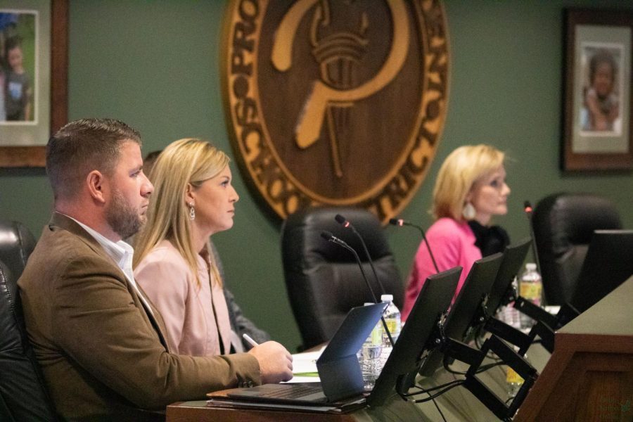 As they listen to Dr. Greg Bradley, board members Jorden Dial, Dena Dixon and superindendent Holly Ferguson of Prosper ISD school board watch as Bradley goes through a slideshow regarding zoning boundaries, with district superintendent Holly Ferguson sitting to the far right of the other two members pictured. The board met Oct. 17 at 7 p.m. to discuss concerns brought up related to zoning boundaries, and decide on a finalized plan. I came from Prosper High School to open Rock Hill as the new administrator, and I think opening new schools is awesome, lead assistant principal at Rock Hill High School, Melissa Weiss, said. It provides more opportunities for students — obviously things are shiny and new in the beginning, but Prosper High has an awesome building, and Rock Hill is still amazing. I think that change is inevitable, and with a district thats growing at the rate that ours is, we have to open new schools.
