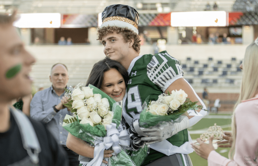 Flowers in hand, senior Evan Bish and Stormie Stevens win homecoming king and queen. The homecoming football game was on Friday, Sept. 30 against the Little Elm High School Lobos. Prosper won 59-6.