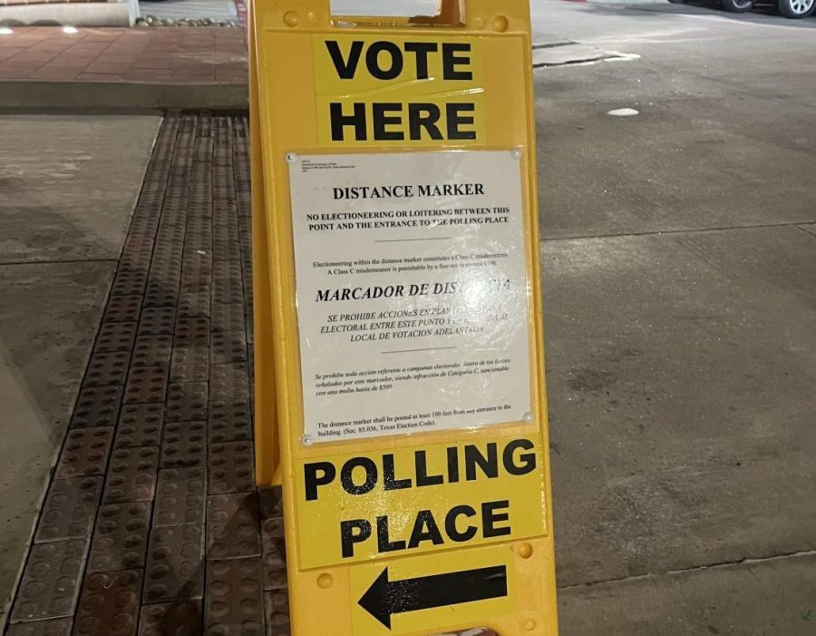 Outside of the Prosper town hall, a sign presents voting directions to community members. The town hall is always converted to a polling location every election. The polling location was open 7 a.m. to 7 p.m.