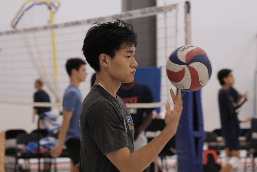 With a spin, senior Jonathan Cho collects the ball he served. Cho describes his interest in having a mens volleyball team at Prosper. I would have loved having a mens team at school, Cho said. I hope that enough interest sparks (one) in the future. 