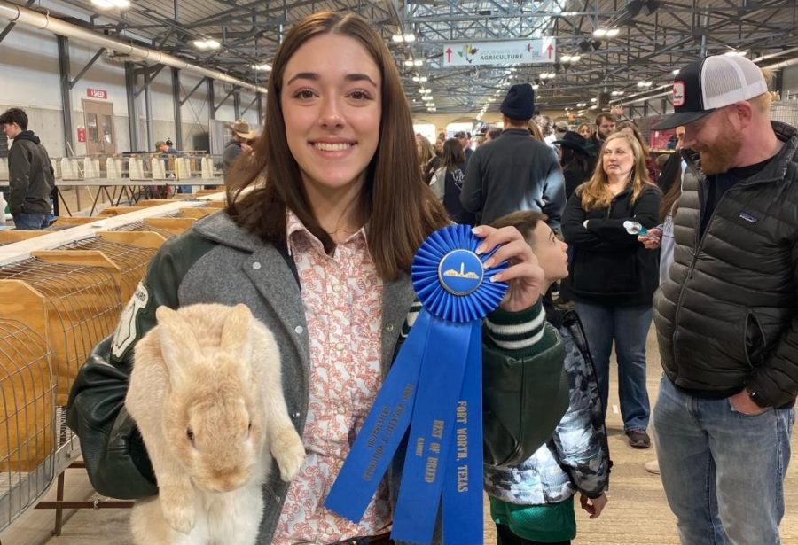 With her rabbit Peter in hand, senior FFA member, Kynlee Brown, holds a first place ribbon for the Best of Breed category. Brown competed in the Southwestern Exposition and Livestock Show Feb. 4. Working with animals can be a struggle at first when you dont really understand the animals personality, Brown said. Ive had Peter for almost a year, so Ive grown to understand what he needs and his quirks.  (Photo courtesy of Laura Brown) 