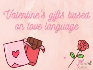 This graphic, made with Canva, with text reading Valentines gifts based on love language, is accompanied by many graphics representing Valentines gifts. The different love languages all perceive love differently, which means each type needs a different kind of gift. The letter represents words of affirmation, the chocolate represents physical touch, and the rose represents quality time.