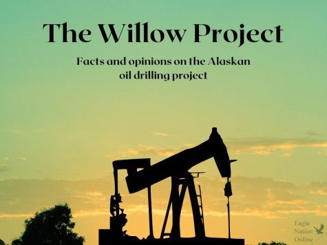 Made in Canva, this graphic shows the silhouette of an oil pump. Oil pumps are a common sight atop oil deposits, which may soon happen at the  Alaskan Slope. This drilling in Alaska is what companies call the Willow Project, which could damage one of the last remaining natural wildlife habitats.