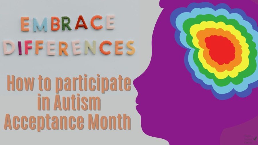 In a graphic created in Canva, Embrace Differences reads in magnet letters next to a childs profile, with a colorful brain. Multiple colors in the brain are often used as a symbol for autism, referencing the variety of experiences on the spectrum. April has been observed as Autism Awareness Month since the 1970s but in recent years has had a push to be changed to Autism Acceptance Month.