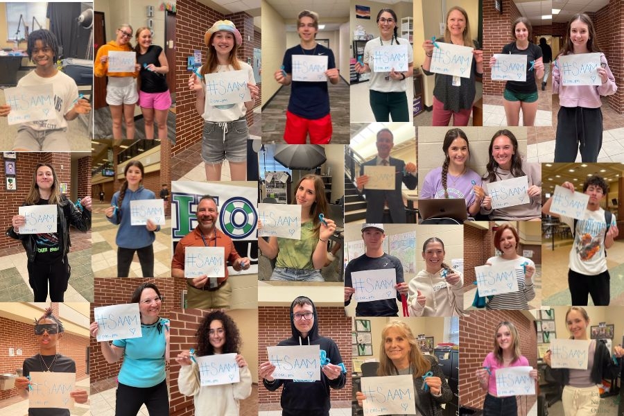 In+a+collage+made+on+Canva%2C+staff+and+students+held+up+a+sign+that+says+%23SAAM%2C+meaning+Sexual+Assault+Awareness+Month.+The+teal+ribbon+is+a+symbol+of+this+month.+Today+is+the+National+Sexual+Assault+Awareness+Month+Day+of+Action%2C+student+support+supporter+Stephanie+Clayton+said.+What+is+that%3F+It+is+a+day+when+supporters+of+Sexual+Assault+Awareness+wear+teal+in+support+of+spreading+awareness+and+prevention+of+sexual+assault.