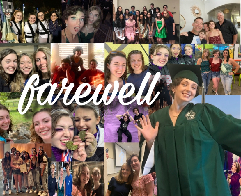 In a collage of photos that includes family and friends, a picture of senior Nora Vedder in her cap and gown stands next to text  “farewell. Vedder will attend James Madison University in the fall studying graphic design. Moving to a school as big as Prosper was pretty difficult, especially since it was during my junior year, Vedder said. But, I got so many amazing opportunities and met really great people, which of course includes the staff of Eagle Nation Online. 