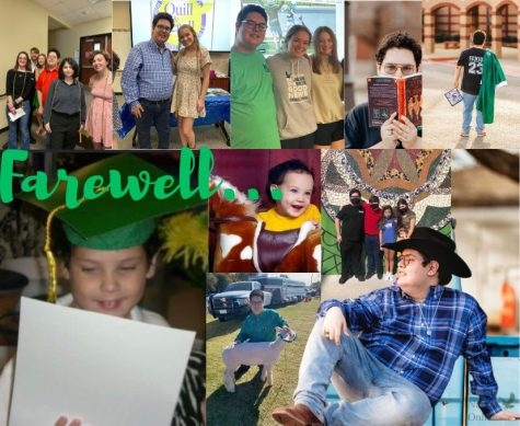 In a collage of photos featuring their family and friends, a picture of senior Rusty Joe Gonzales sits look at text Farewell. Gonzales will attend Texas Tech University in the fall studying Agricultural Communications. During these four years, you may slowly grow up a little and realize a lot of things about life, and some times to learn you have to make mistakes, Gonzales said. You have to fall, adjust your methods, and get back up again. You may have no reason to, but trust me, Im talking from experience here.
