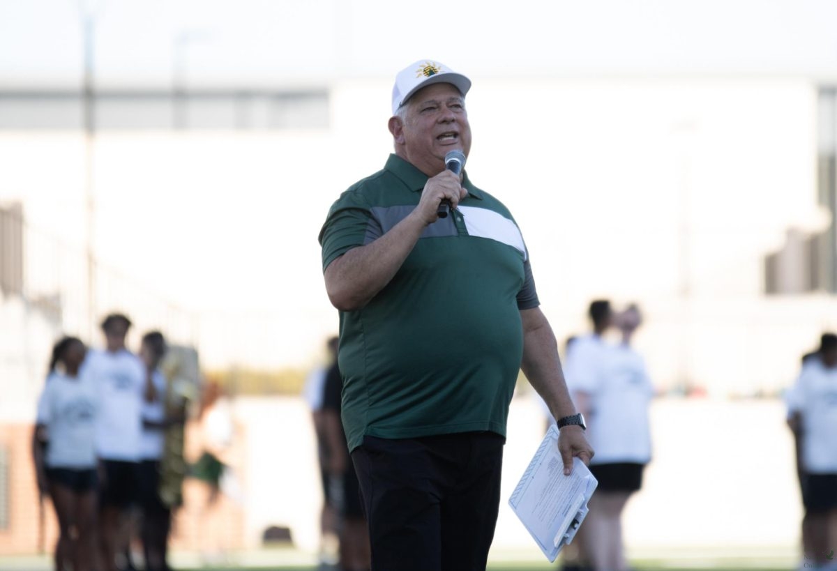 Introducing himself, announcer Eric Manto  opens Meet the Eagles. Manto is the announcer for PISD games and events at the Childrens Health Stadium. This week will be the first football game against Euless Trinity. 