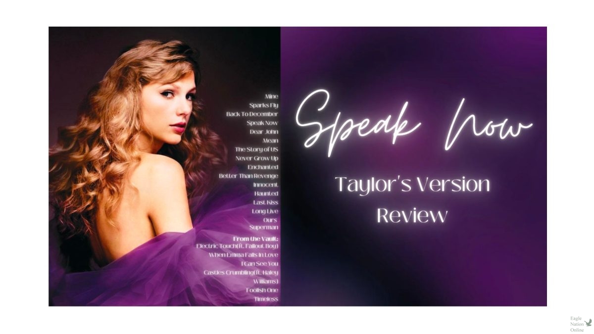 The+graphic+above+showcases+Taylor+Swifts+newest+re-recorded+studio+album+Speak+Now.+It+was+released+on++July+7+and+contains+16+of+the+original+tracks+along+with+six+new+songs+from+the+Vault.