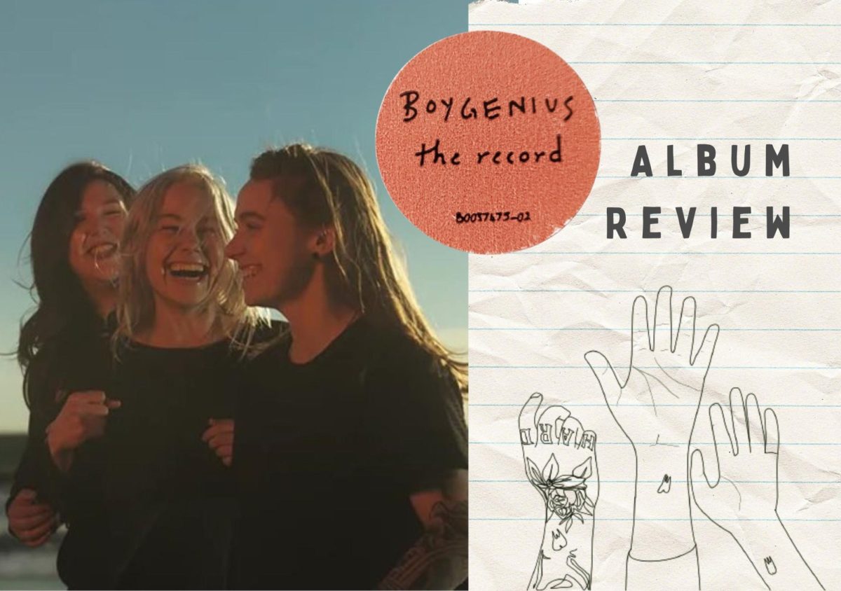 The graphic, created by Tess Gagliano, above showcases an image of Lucy Dacus, Phoebe Bridgers, and Julien Baker, the members of boygenius. The photo taken by Harrison Whitford, is part of a series of images from the groups beach photoshoot that released along with their debut album The Record on Mar. 31. They are currently touring in the US and internationally. (Album cover by Boygenius)