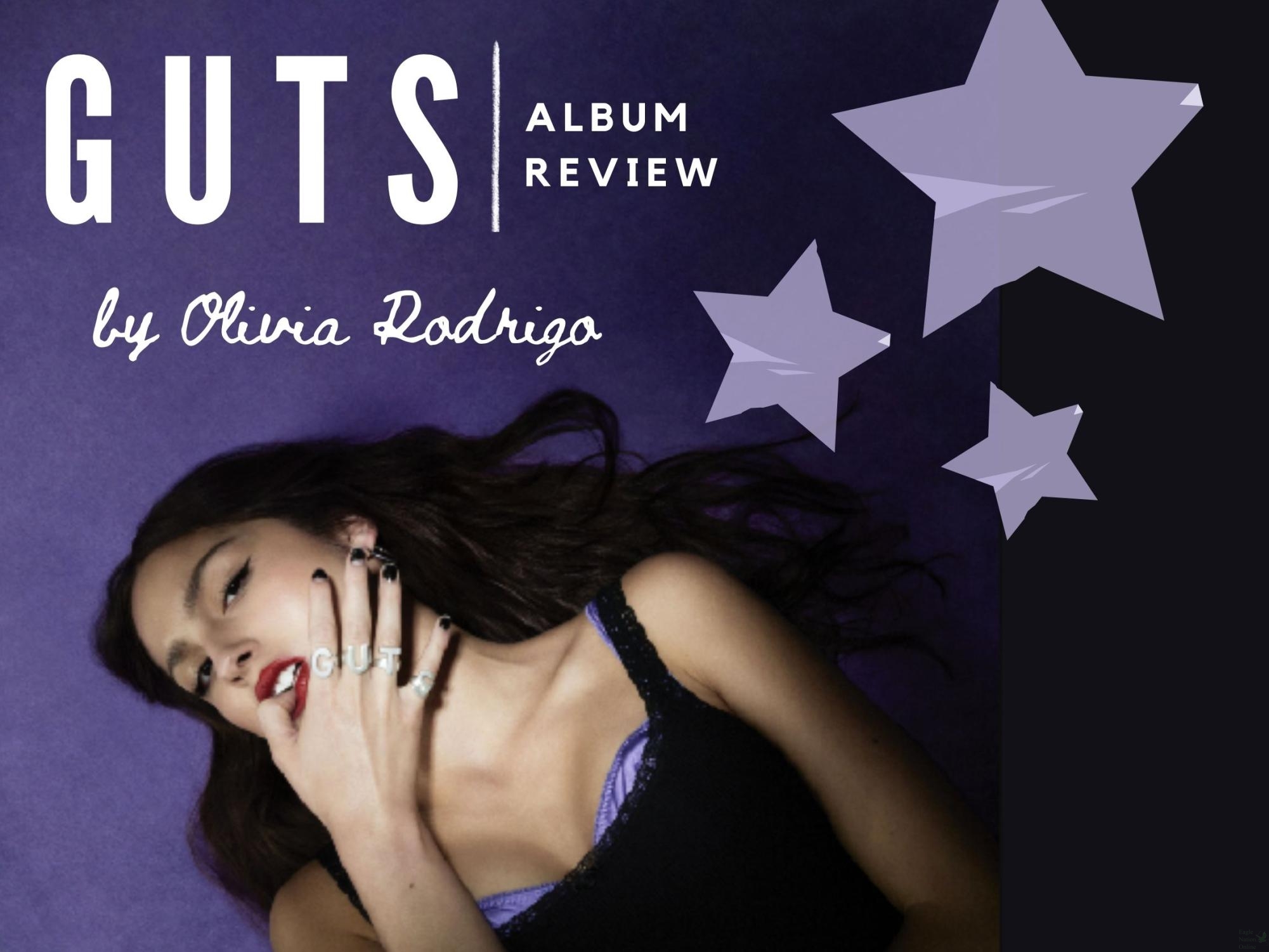 The graphic above, created by Tess Gagliano, features Olivia Rodrigos GUTS album cover. The album was released on Sept. 8 through Getten Records. Rodrigo will perform this album live on her 2024 world tour .