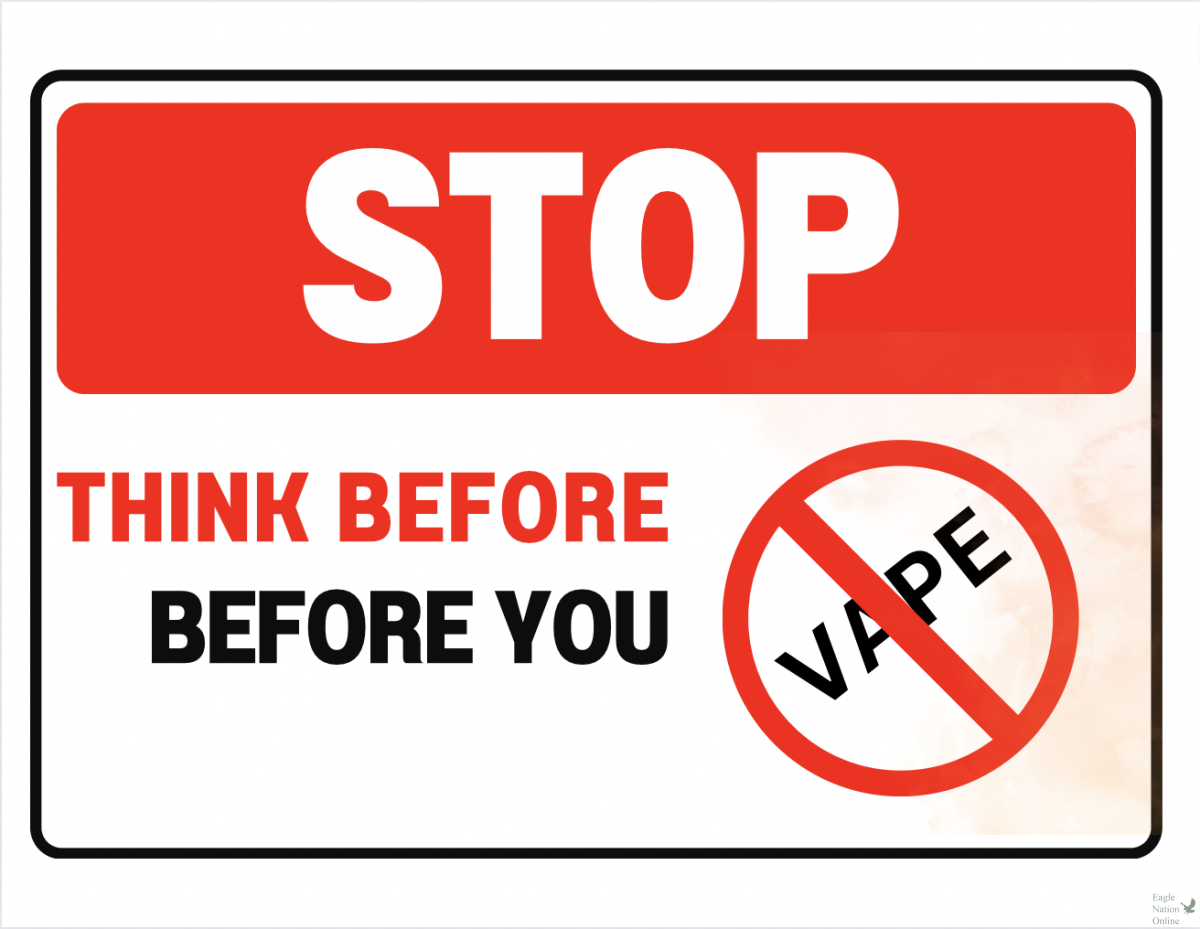 A graphic design made on Canva, illustrates Stop, think before you vape. Texas passed House Bill 114, which sends students immediately to disciplinary school if caught with a vape or e-cigarette. This applies to all Texas public schools. 