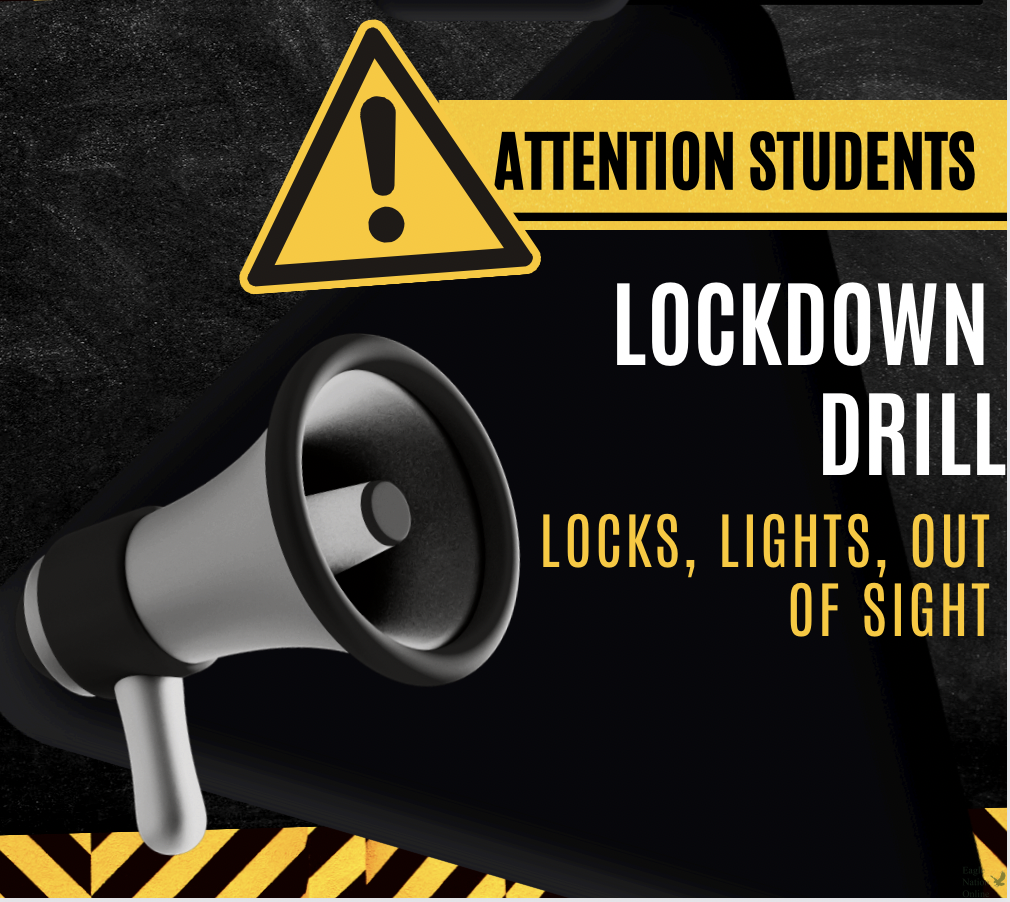 Locks, lights, out of sight represents the words spoken through our sound systems in school during a lockdown. Students should understand the seriousness of lockdowns, drill or not. Administrators should implement more safety of what to do during before school hours and lunchtime.
