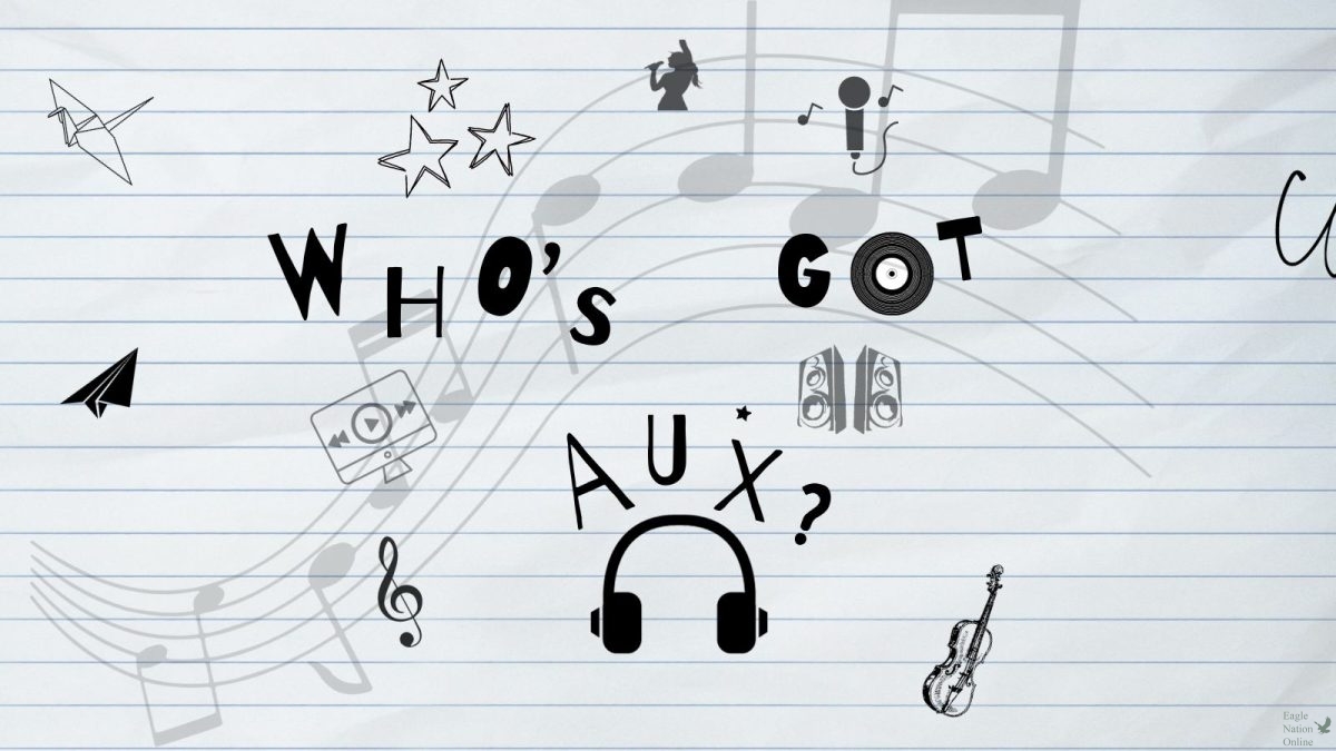 In a digital graphic made by senior Juliana Cruz, Whos Got Aux?, is the title of the podcast, created by last years hosts, 2023 graduates Gianna Galante and Mithra Cama. In this episode, with new hosts, senior Riley McConnell and Cruz, play songs that each of them never heard before and may like. They discuss their opinions after each song is played. 