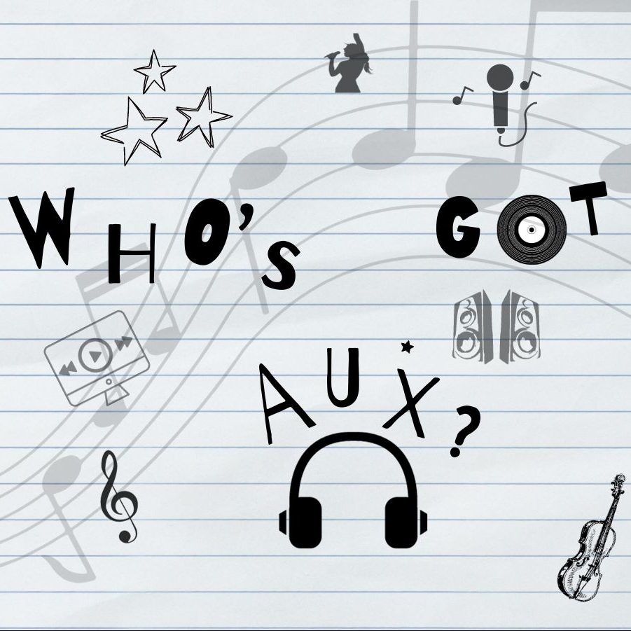 In a digital graphic made by senior Juliana Cruz, Whos Got Aux?, is the title of the podcast, created by last years hosts, 2023 graduates Gianna Galante and Mithra Cama. In this episode, with new hosts, senior Riley McConnell and Cruz, play songs that each of them never heard before and may like. They discuss their opinions after each song is played. 