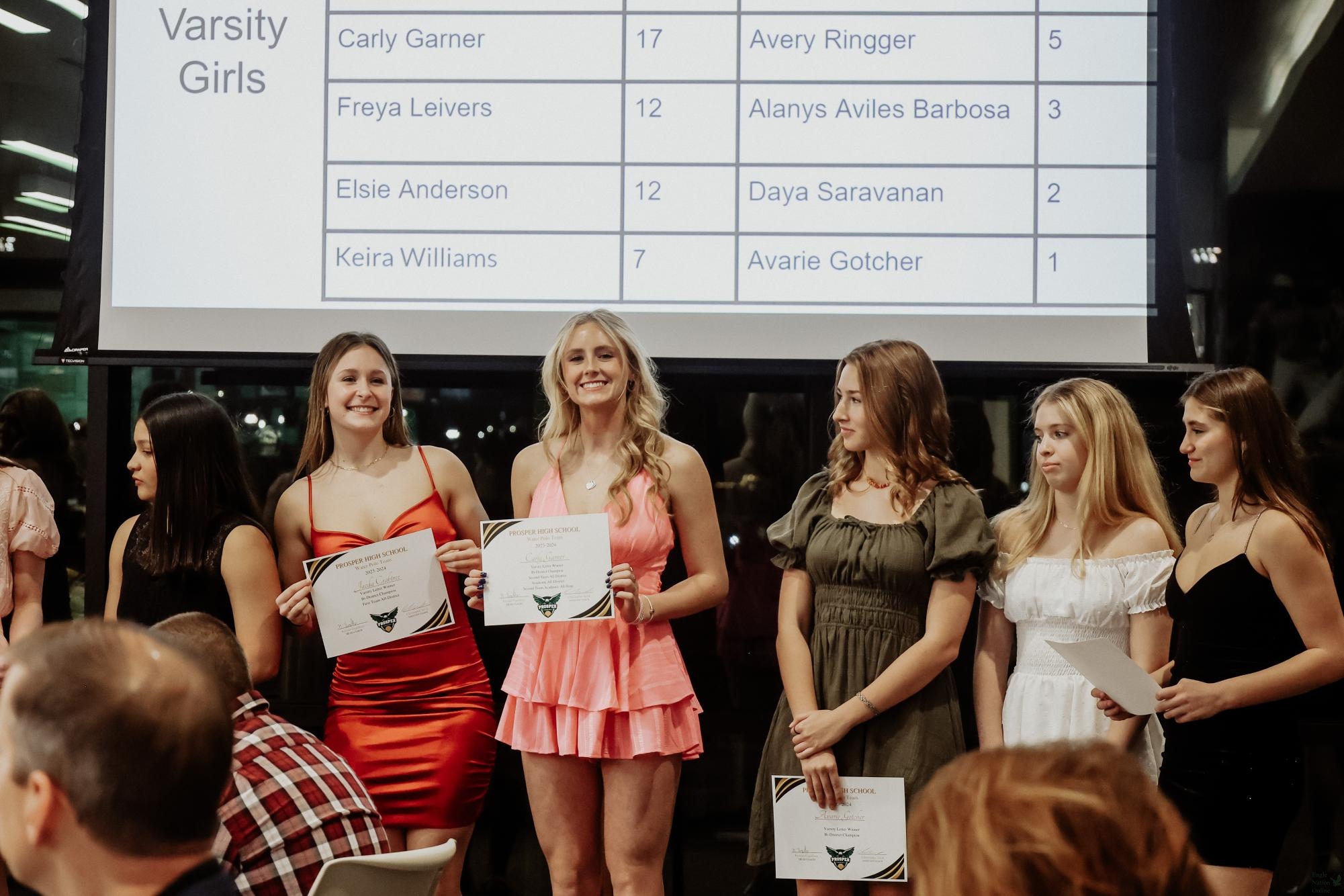As the girls varsity team comes together, seniors Carly Garner and Jaeda Crabtree receive their certificates for the 2023-2024 season. The team came second in the district. Crabtree had 72 goals this season. 