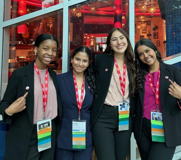 Before the DECA award ceremony, seniors Keeley Dailey, Architha Yerragunta, Kaya Miller and Rithika Chakrapani are dressed professionally. The DECA state competition was held in Houston Feb. 15-17. Six students qualified for the international competition. 