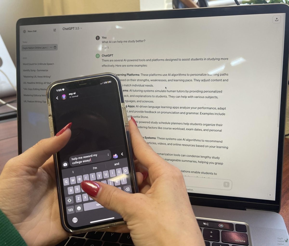 As she searches for options, senior Riley McConnell uses Artificial Intelligence  to show ways for students to use AI appropriately for homework. Chat GPT and Snap AI are both resources that offer advice on easier ways to complete a variety of tasks. 