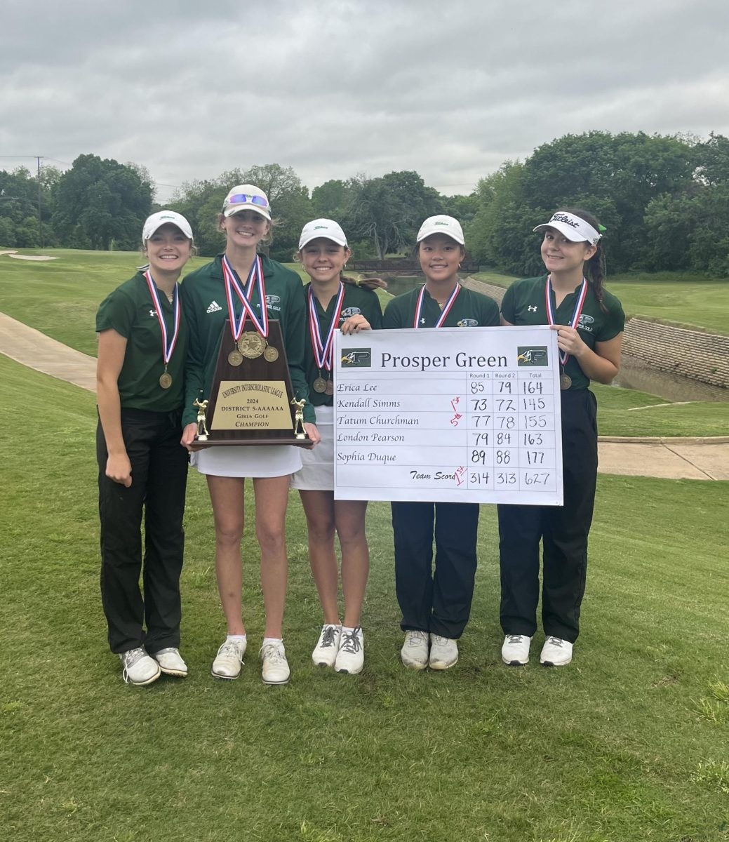 After golf regionals, sophomore Erica Lee, junior Kendall Simms, freshman Tatum Churchman, freshman London Pearson and junior Sophia Duque present their scores. The team finished fifth and were district champions. Churchman led with a score of 71. 