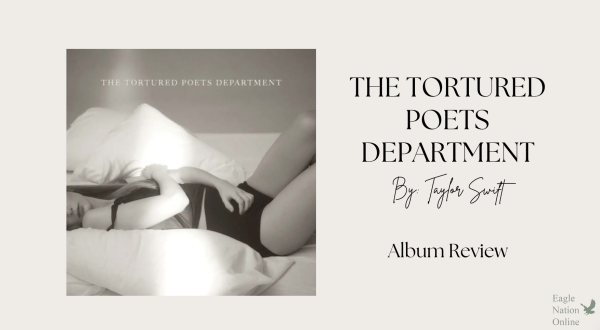 In a Canva graphic, the album cover for The Tortured Poets Department is displayed. The first half of the album dropped at midnight on Apr. 19 and the second half at 2 a.m. This is Swifts 11th studio album. (Album cover by Beth Garrabrant).