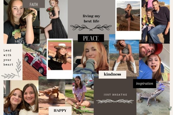 A Canva graphic collage shows the many memories made throughout senior Lauren Claytons high school experiences. I advise my fellow students and teachers to spread kindness and be the light that others need in a world shrouded in darkness, Clayton said. Give back to those who have shown you love, and above all, have hope for the future.