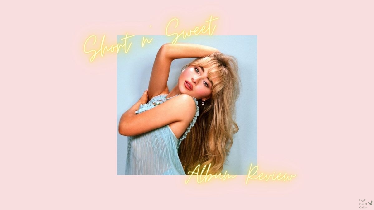 Displayed on a Canva graphic, Sabrina Carpenter models for the album cover of 'Short n' Sweet'. This is Carpenter's sixth studio album, releasing two years after her last. The album contains 12 tracks. (Courtesy of Island Records).