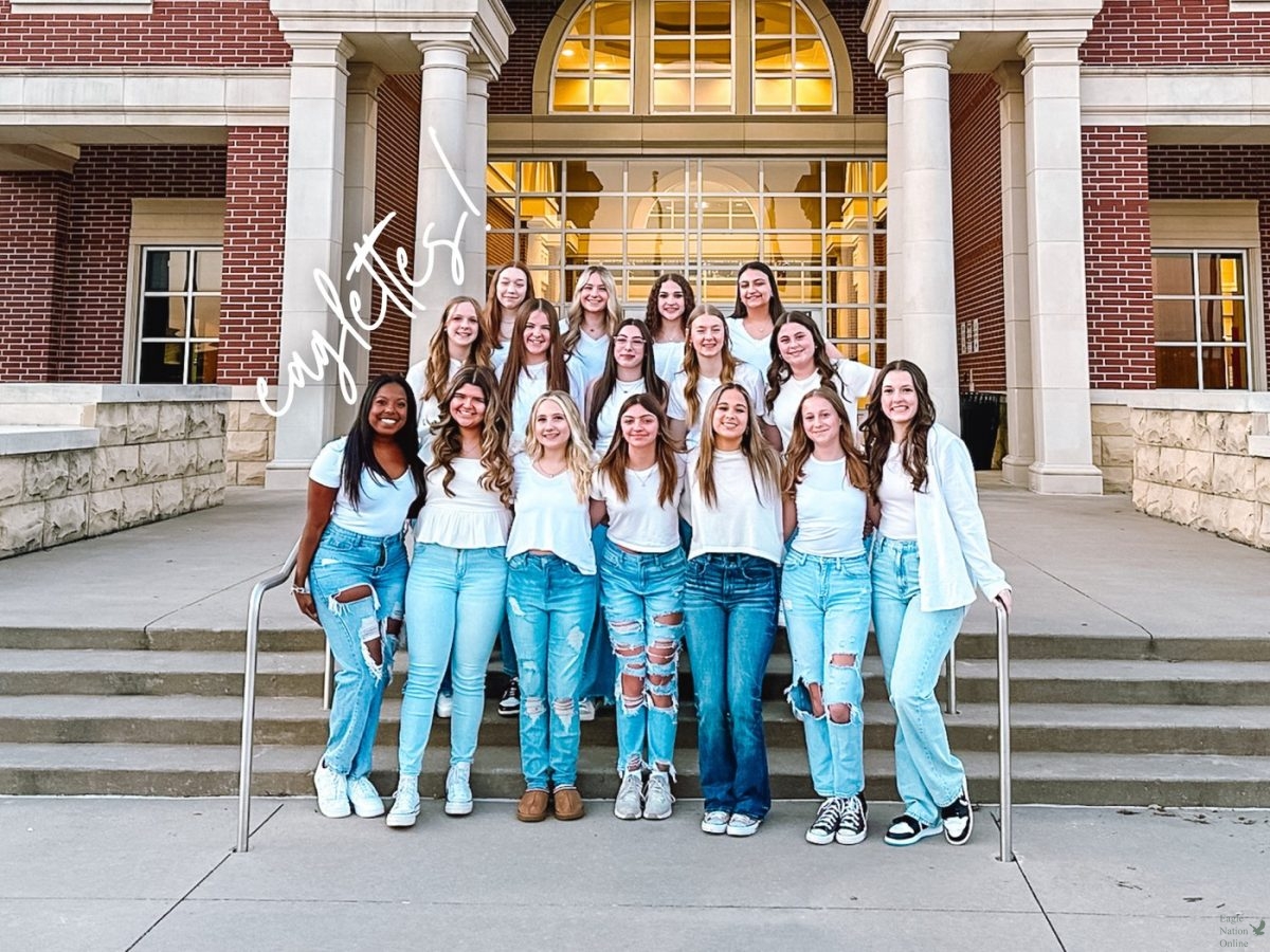 Together for the first time after tryouts, the JV Eaglettes gather together for a team picture at the annual "Made It Meeting." Seen in the photo, from left to right, are freshman Skyler Dickerman, sophomore Kaitlyn Anderson, freshmen Michelle Sexton, Leah Lopez, Raileigh Mclain, Libby Allen, Elise Leavitt, Lexie Bergeron, Carly Jacobs, assistant jv director Ashley Sharp, freshmen Michelle Ayala, Ella Crist, Kylie Dreyer, Haylee Young, Bree Smith, and head coach Colleen Hunt. The team tried out this past March and ended up with 14 girls on the team. "I went into tryouts with an open mind by selecting both Talonettes and JV on my tryout paperwork," freshman Eaglette Leah Lopez said. "With that being said, I ended up making JV and was so happy and grateful." 