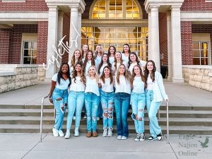 Together for the first time after tryouts, the JV Eaglettes gather together for a team picture at the annual "Made It Meeting." Seen in the photo, from left to right, are freshman Skyler Dickerman, sophomore Kaitlyn Anderson, freshmen Michelle Sexton, Leah Lopez, Raileigh Mclain, Libby Allen, Elise Leavitt, Lexie Bergeron, Carly Jacobs, assistant jv director Ashley Sharp, freshmen Michelle Ayala, Ella Crist, Kylie Dreyer, Haylee Young, Bree Smith, and head coach Colleen Hunt. The team tried out this past March and ended up with 14 girls on the team. "I went into tryouts with an open mind by selecting both Talonettes and JV on my tryout paperwork," freshman Eaglette Leah Lopez said. "With that being said, I ended up making JV and was so happy and grateful." 