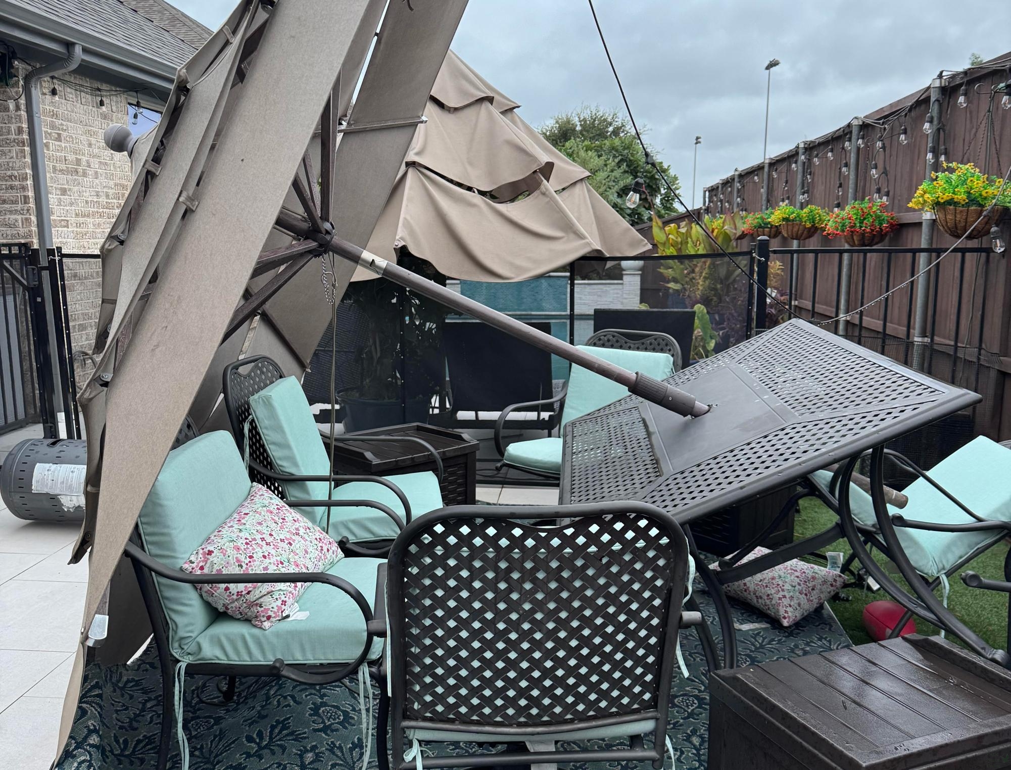 After waking up, freshman Kaden Wortham finds damage to his family's backyard. A large storm swept through North Texas yesterday morning. "We (my family) kind of all were just walking around doing our morning routines, and we spotted one of our umbrellas was tipped over," freshman Kaden Wortham said. "Behind it, our tables and lots of our outdoor furniture were knocked over."