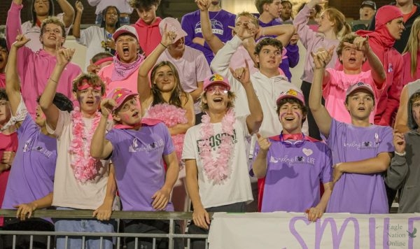 Donning purple and pink clothing, students cheer at a football game. The last home game of the season will take place Oct. 31. The Eagles will be competing against Princeton High School. The theme of the game is neon.