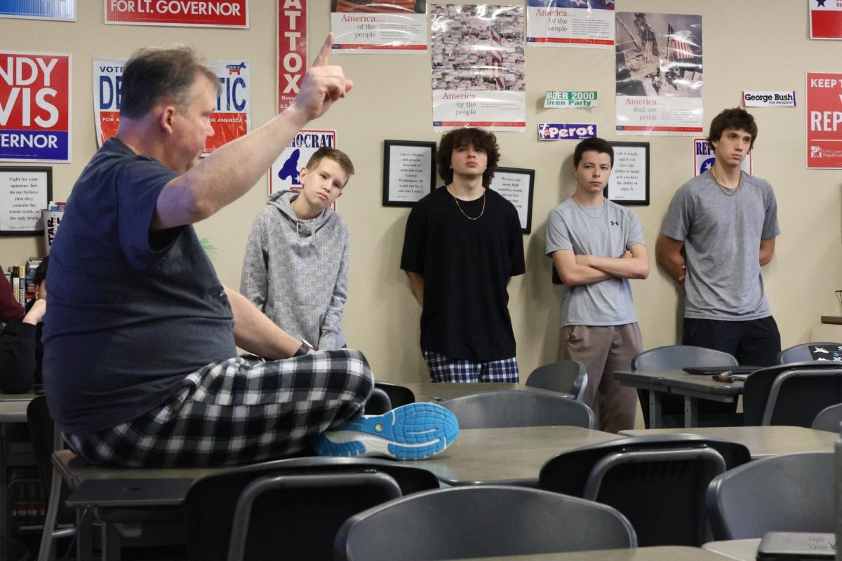 Government teacher Rod McCall gives his third-period senior students reasons to get their voices heard by registering to vote for Election Day, which will be Nov. 5. “I tell the seniors year after year,” McCall said. “If the senior class were to go vote, they could alter Collin County politics.”