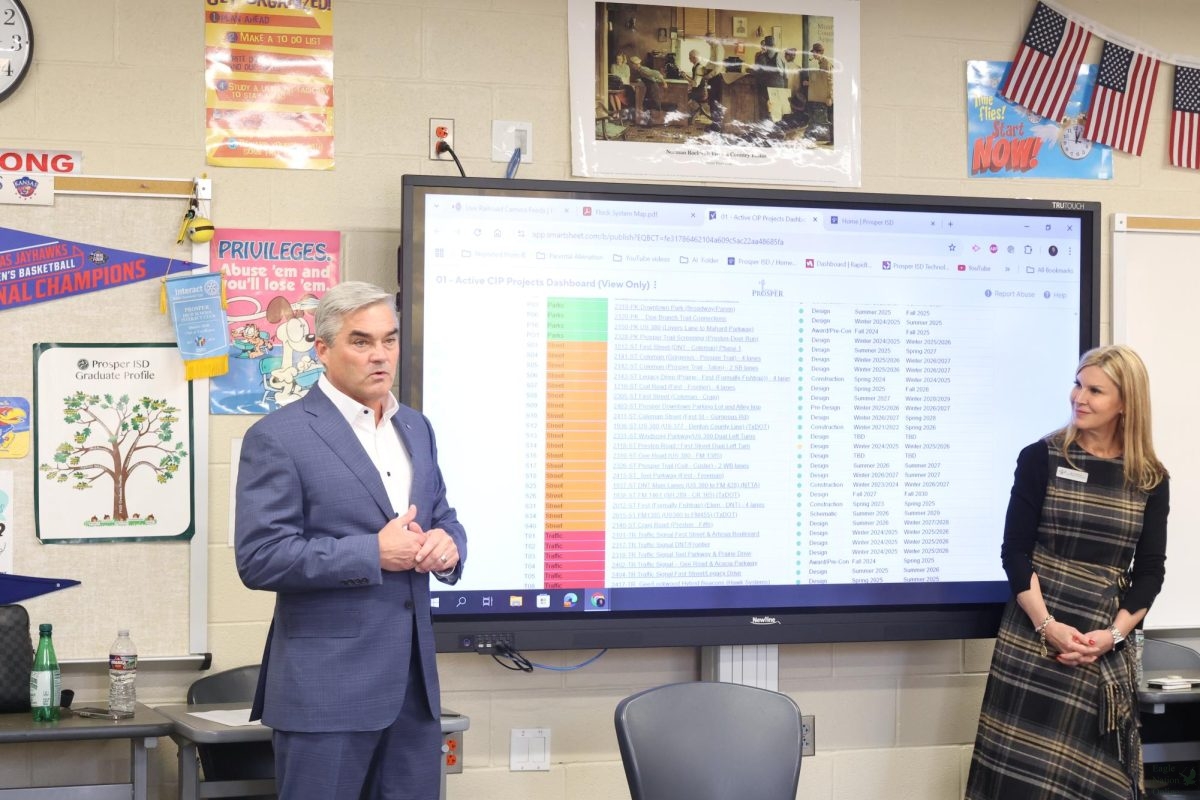 Focused on students, Mayor David Bristol and Prosper ISD school board vice president Dena Dixon showcase their duties to the government classes. The students learned about the obstacles faced in the town council, and got more insight to Bristol's job. "The town facilities, the municipal services that we have, this is not normal," Bristol said. "People come to this area. In the last five years, a lot of you guys moved here for the school district, specifically.  Your parents brought you here so you can go to the ISD. That is not the same. There are not people clamoring to go to some of this districts to the south of us. So, we have something unique and special here, and I want to continue that."